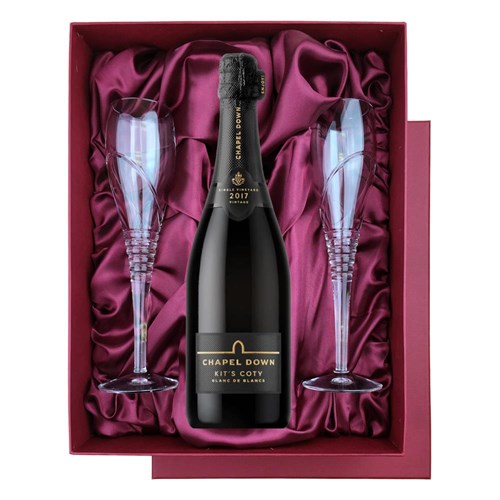 Chapel Down Kits Coty Blanc de Blancs 2017 Vintage English Sparkling 75cl in Red Luxury Presentation Set With Flutes